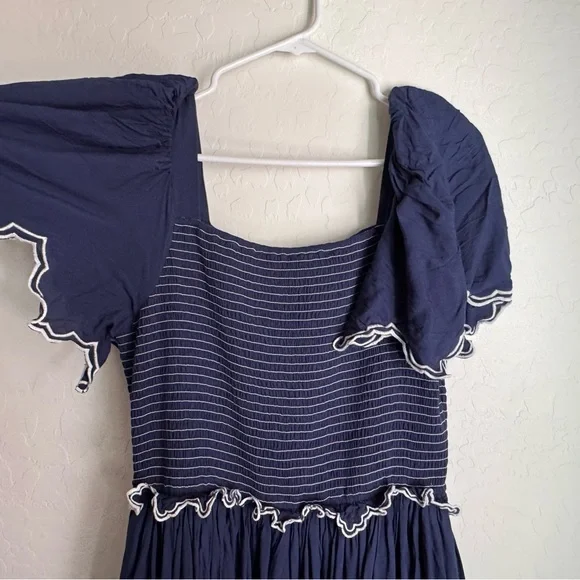 Jessa Kae Helen smocked blue dress with smocked bodice and scalloped sleeves l - Picture 3 of 5